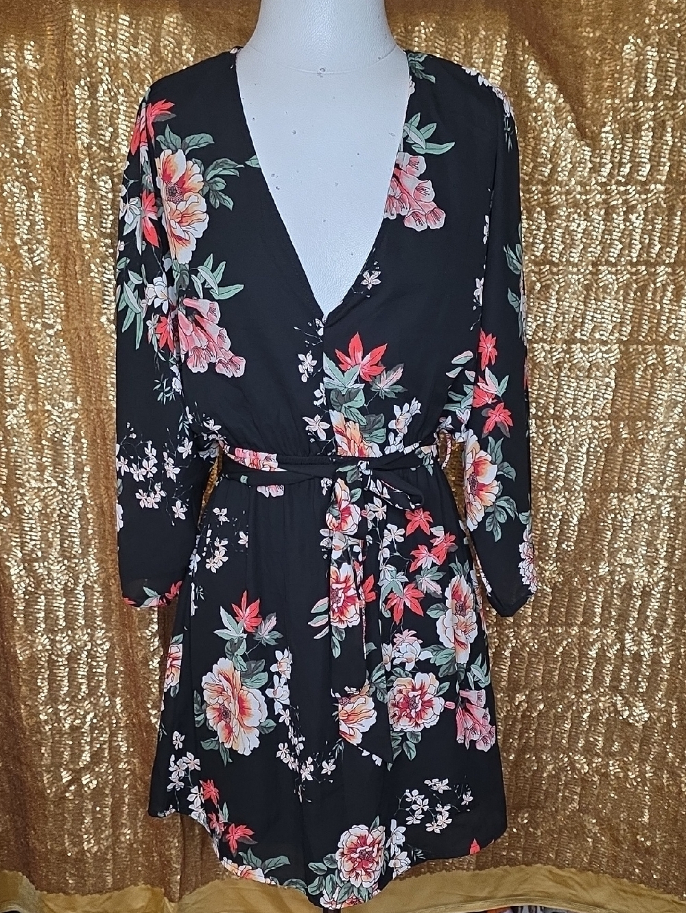 Floral Mini Dress in Black with Belt